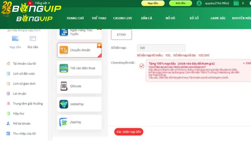 Các phương thức nạp tiền Bongvip hiệu quả